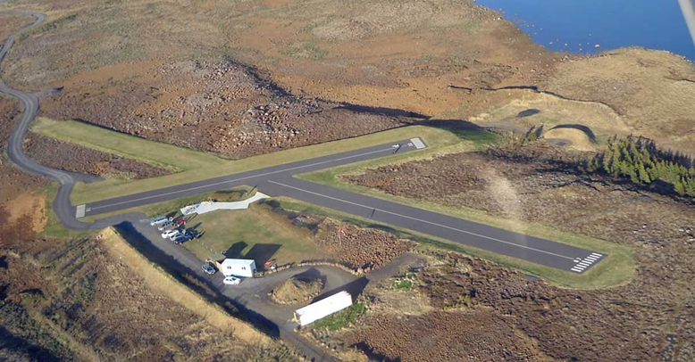 An aerial view of the Sudurnes RC Club flying site and facility in Iceland.