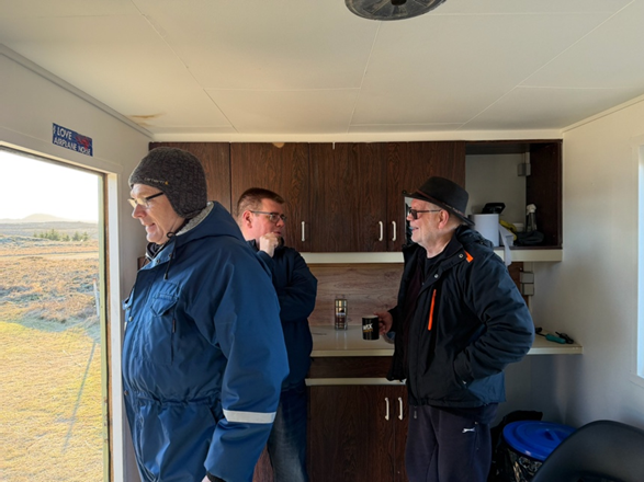 Magnus, Sverrir, and the author chatting and making coffee in the Sudurnes RC Club clubhouse.
