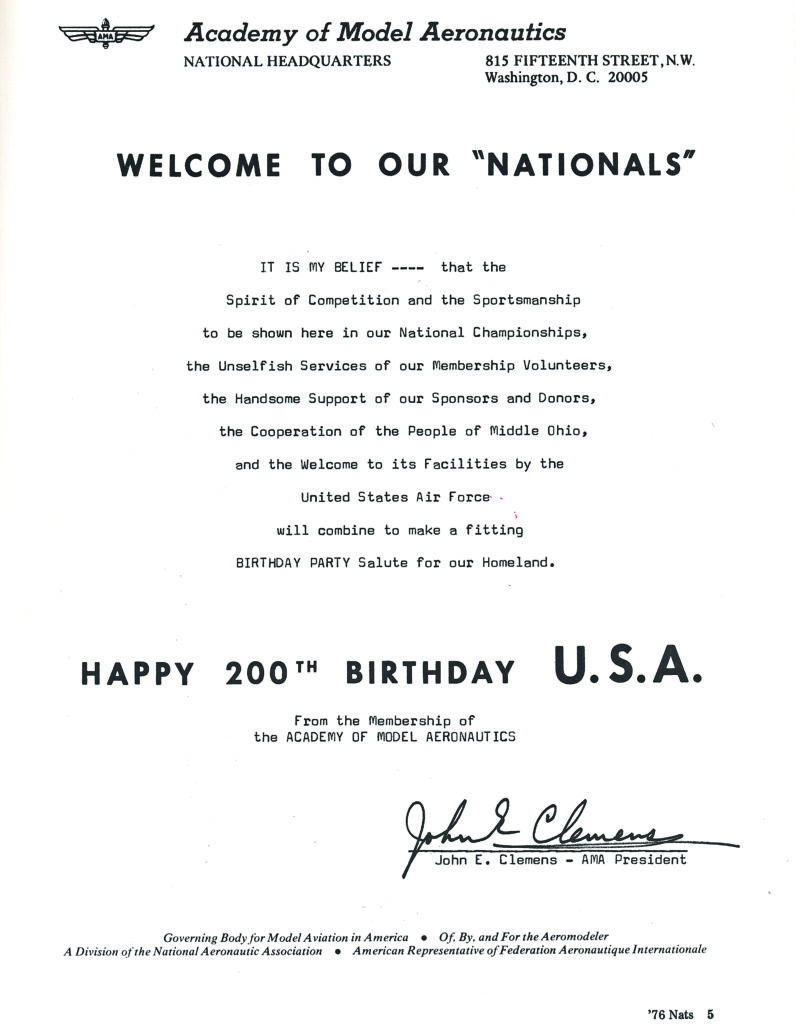 Page five of the official 50th Nats program. In 1976, AMA celebrated both the US centennial and the Nats milestone event. 