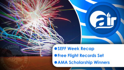 AMA Air thumbnail for May 2026. Featuring image of an RC plane night flying event with fireworks and streaks of light.