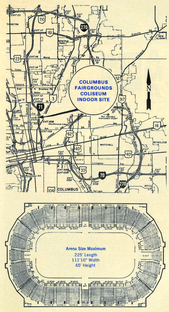 The 50th Nats were advertised in the June 1976 issue of Model Aviation. In image one, the highlighted portion on the map is Wright-Patterson AFB in Dayton, Ohio. In image two, a map of Columbus, Ohio, is shown and highlights the Columbus state fairgrounds coliseum, which is where the Indoor events were held.
