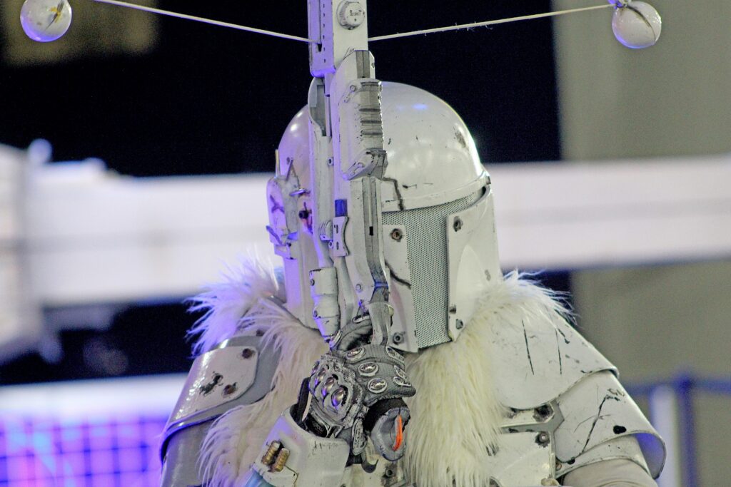 Visitors were able to take photos in front of the exhibit with costumed Star Wars characters, such as these Mandalorians. 